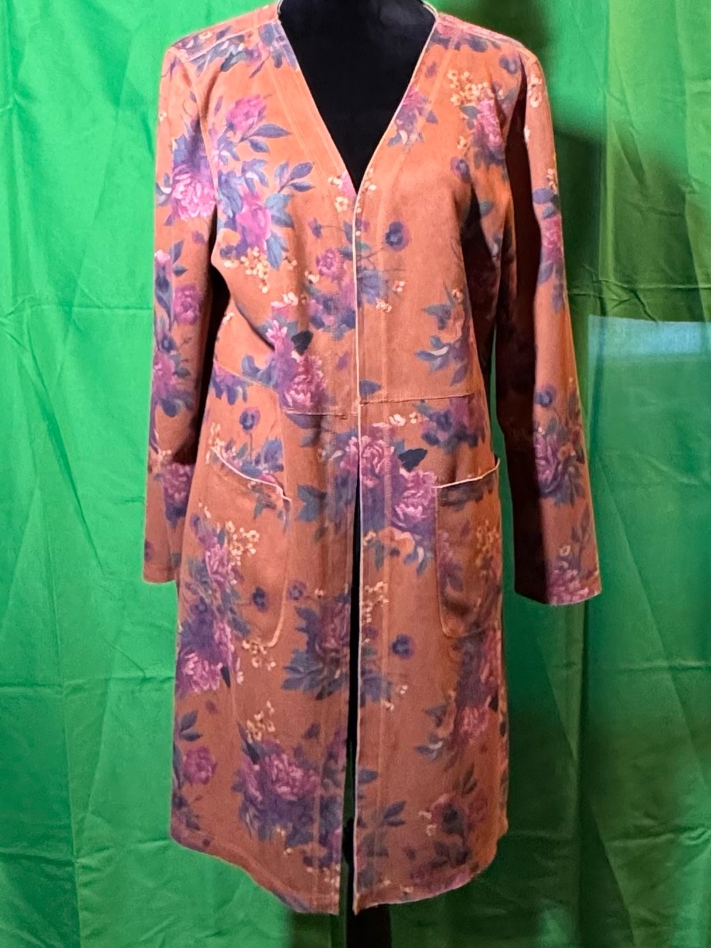 Solitaire Peach Floral Longline Coat with Purple Accents